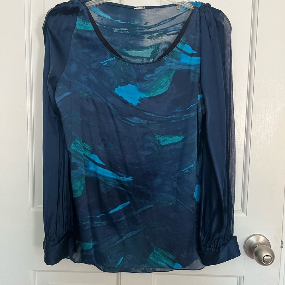 Elie Tahari Blue Long Sleeve Blouse with Artistic Design